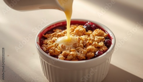 Fruit crumble with custard being poured over the top baked good food photography delicious close up isolated cheesecake chocolate cinnamon danishes desserts doughnut