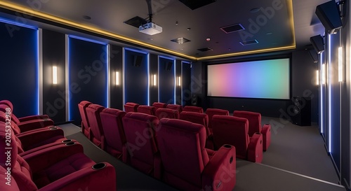 Interior view of a home theater with red seats projector and large screen displaying colors nicely lit ai generated