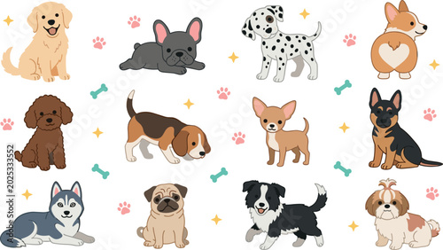 Bild auf Leinwand Cute Puppy Breed Vector Illustration Set Featuring Golden Retriever French Bulld