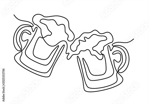 Continuous line drawing of two beer mugs 