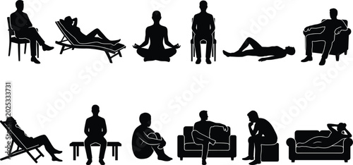 Slika na platnu Relaxing people silhouettes set with men and women sitting lying meditating and
