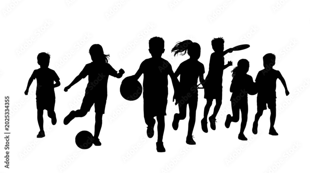 Obraz premium Black silhouettes of kids playing soccer and basketball isolated on transparent background, Vector