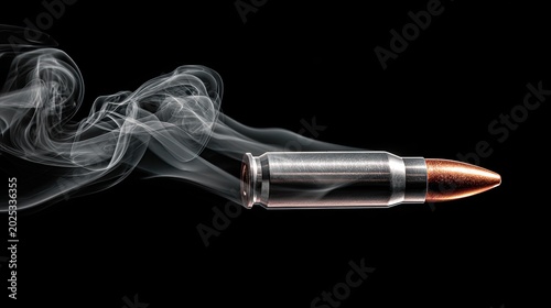 A metallic projectile streaks across a dark background, trailing ethereal smoke