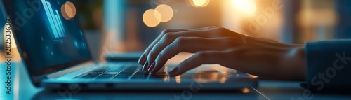 Professional business person typing on laptop screen showing financial data analysis charts at night office workspace.