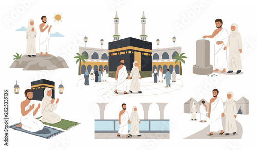 Foto Muslim couples performing Islamic Hajj pilgrimage around Kaaba flat vector illus