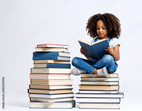 Niña pequeña leyendo un libro sentado sobre una gran pila de libros, escena educativa con fondo neutro, concepto de aprendizaje, lectura infantil, desarrollo intelectual y placer de leer
