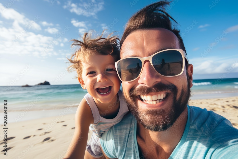 Obraz premium Happy father and son bonding on a sunny beach, smiling broadly for a selfie