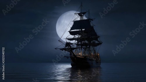Silhouetted sailing ship under a full moon at night on the sea