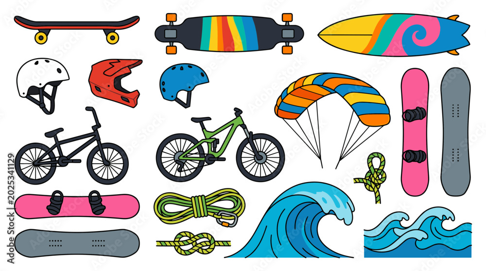 Obraz premium Collection of extreme sports equipment and symbols including skateboards snowboards bicycles parachute surfboard and waves for adventure and active lifestyle concepts