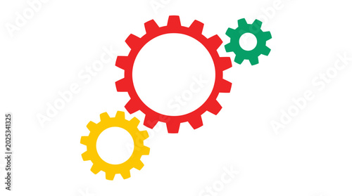 Three interlocking gears in red green yellow with cogwheel interlocking mechanism machinery industry connection teamwork collaboration mechanical engineering rotation component production