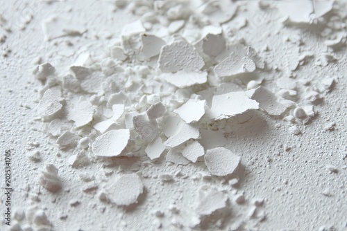 A close-up view of white, flaky fragments scattered across a fine powder