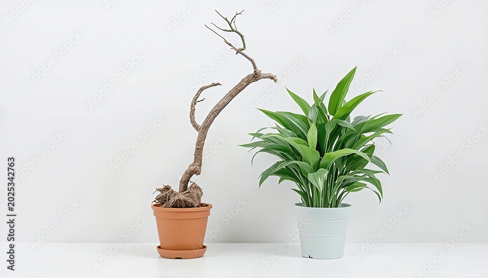 Fototapeta premium Conceptual contrast between dead plant and perfect green plastic plant