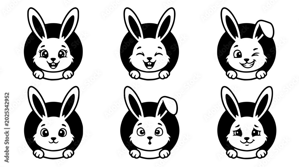 Obraz premium Six cartoon rabbits with different facial expressions and emotions