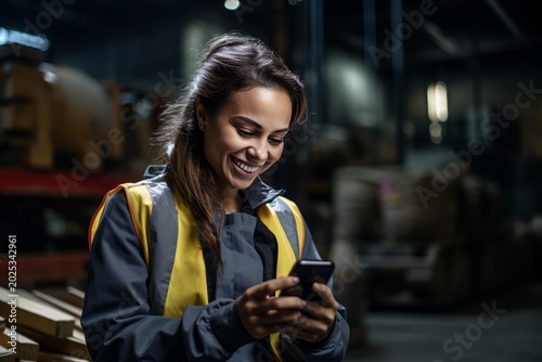 Female worker in reflective vest smiling while interacting with a mobile phone in a factory