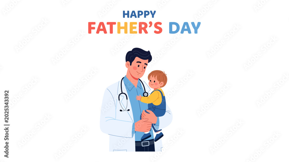 Fototapeta premium Doctor Dad's Delight: A caring doctor, dressed in a white coat and stethoscope, embraces his young child on Father's Day, celebrating fatherhood and medical profession.