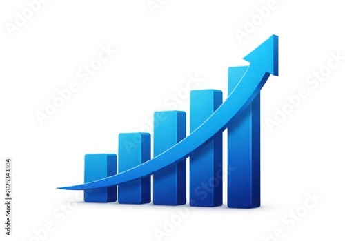 Growing blue bar chart with upward trend arrow
