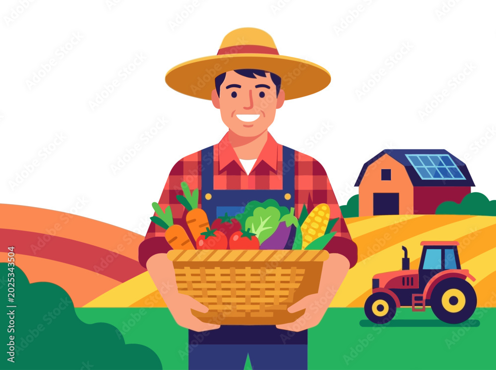 Obraz premium Smiling farmer holding a basket of fresh vegetables.