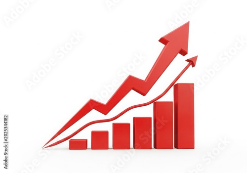 Growing upward red arrow chart with bar graph