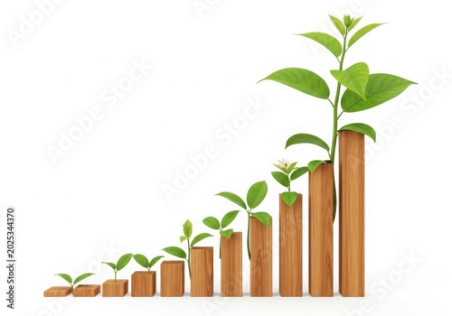 Growing plant on increasing bar chart blocks
