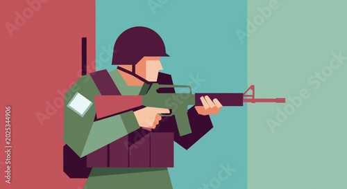 Foto Modern Soldier Aiming Rifle, Military Action, Flat Design Illustration