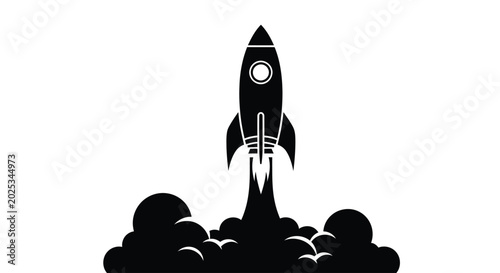 Tableau sur toile rocket ship silhouette launching with flames isolated on white
