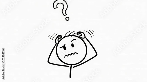 Confused stick figure with question mark overhead problem solving concept