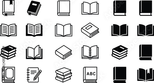 Φωτογραφία Set of book icons including open books stacks notebooks and education symbols in