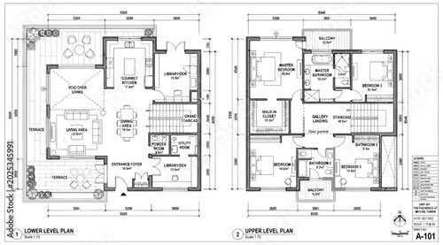 Schilderij op canvas Architectural floor plan of a luxury duplex apartment showing lower and upper le
