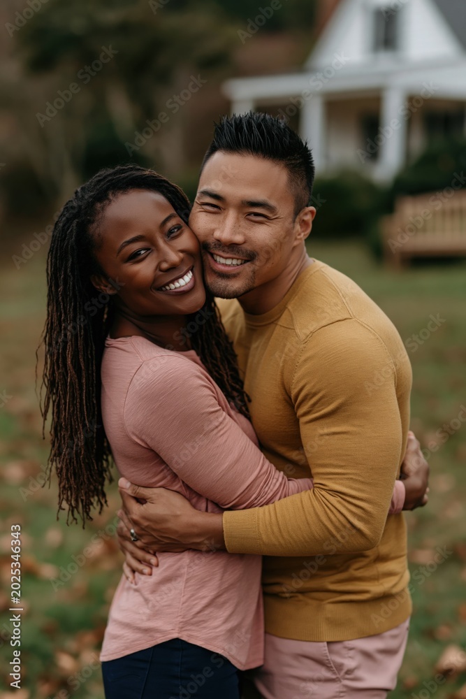 Fototapeta premium Affectionate interracial couple hugging outdoors near house for romantic portrait background banner and relationship lifestyle design