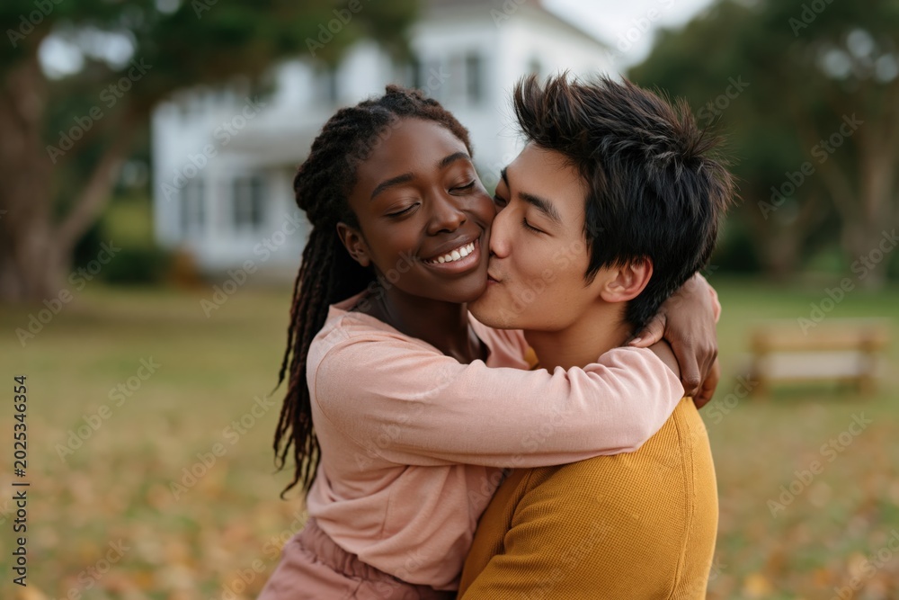 Fototapeta premium Joyful interracial couple embrace and kiss in front of house for warm romantic portrait background and lifestyle banner design