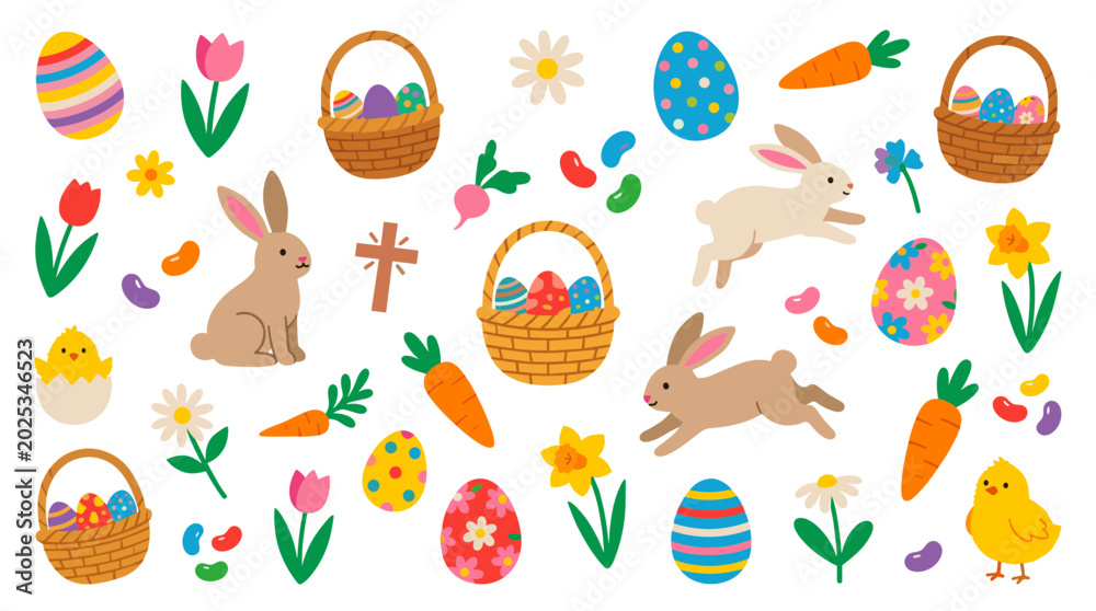 Naklejka premium Charming Easter illustration with cute bunnies, painted eggs, chicks, carrots, and tulips on a white background, perfect for spring celebrations and festive designs