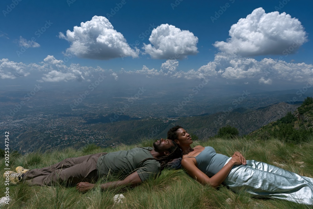 Fototapeta premium Couple lying on a grassy mountain ridge under a dramatic cloudscape for relaxation background and outdoor wellness banner