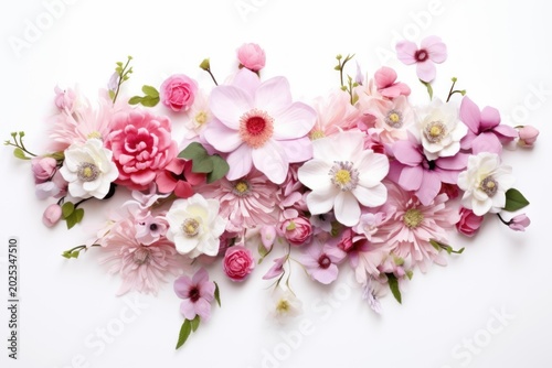 Delicate handcrafted paper flowers arranged as a beautiful horizontal floral composition on white background