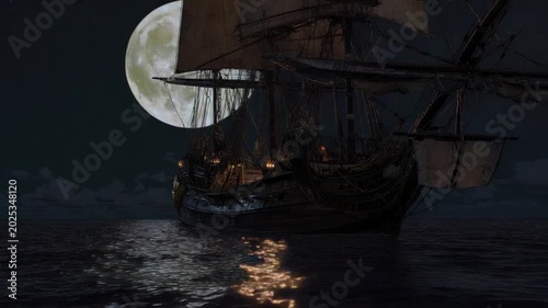 Sailing ship silhouette at night with moon reflecting on water