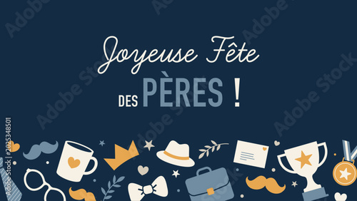 Foto Bannière fête des pères avec le message “Joyeuse fête des pères !” et accessoires masculins sur fond bleu