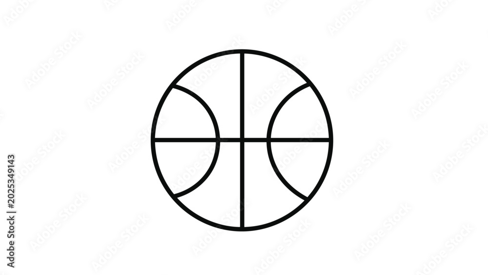 Fototapeta premium Minimalist black outline icon of a basketball showing its characteristic ribbed patterns and segments on a plain white background.