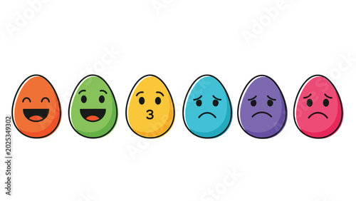 Row of six colorful egg-shaped characters featuring different facial expressions ranging from happy and laughing to sad and crying.