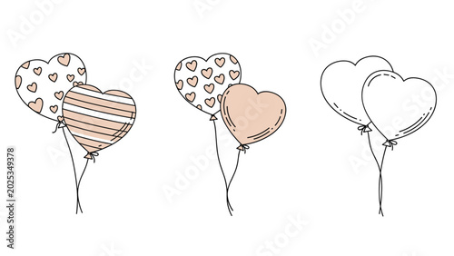 Set of decorative heart-shaped balloons in various patterns like stripes and dots for romantic celebrations and greeting card design elements.