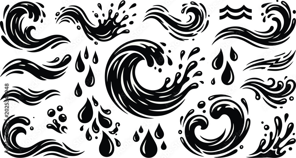 Fototapeta premium Water waves, liquid drops, and splashes, set of abstract flowing elements.