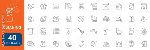 Editable cleaning service line icons set with hygiene tools housekeeping sanitation symbols.