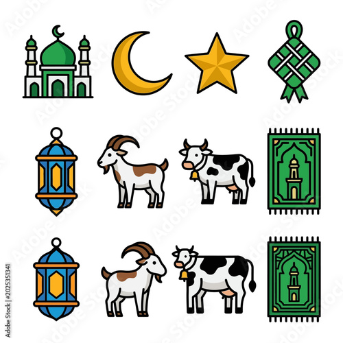 Islamic Festival Icon Collection – Mosque, Crescent, Ketupat and Qurban
