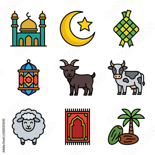 Ramadan and Eid Mubarak Flat Icon Set with Islamic Symbols
