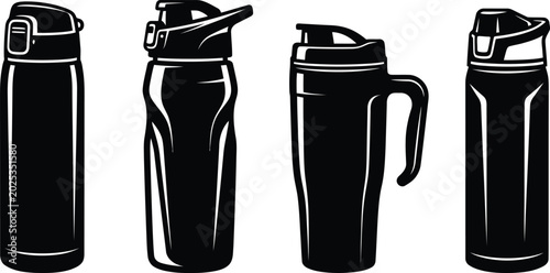 Foto A proficient layout of four distinct minimalist black and white vector silhouettes of insulated sports bottles and shakers, high-quality graphics