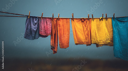 Clothes hanging on a line during rainy weather outside