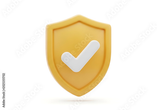 3D render of yellow security shield icon with white checkmark security protection verified guarantee approval validation shielding confirmed acceptance checkbox abstract