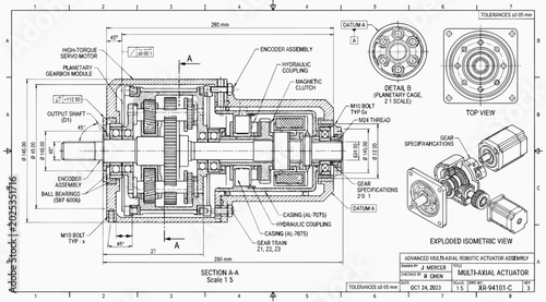 Tableau sur toile Technical blueprint of a multiaxial robotic actuator assembly