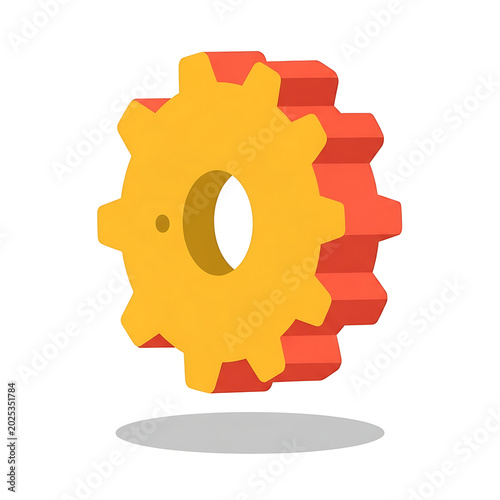 Single yellow and orange mechanical gear cog icon with mechanical industry engineering technical settings maintenance configuration development automation component innovation production