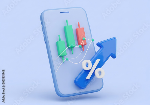 3D mobile stock market trading analysis app concept with rising percentage symbol smartphone analysis percentage investment business financial statistics