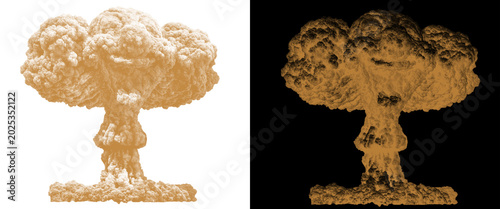 Bild auf Leinwand Vintage nuclear explosion mushroom cloud, sepia atomic bomb blast on white and b