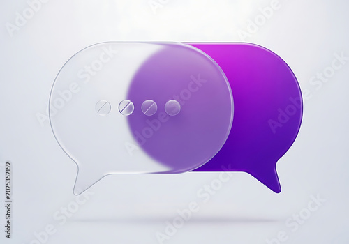 3D render of transparent and purple speech bubbles communicating with communication dialogue conversation discussion transparent interaction feedback connected interface